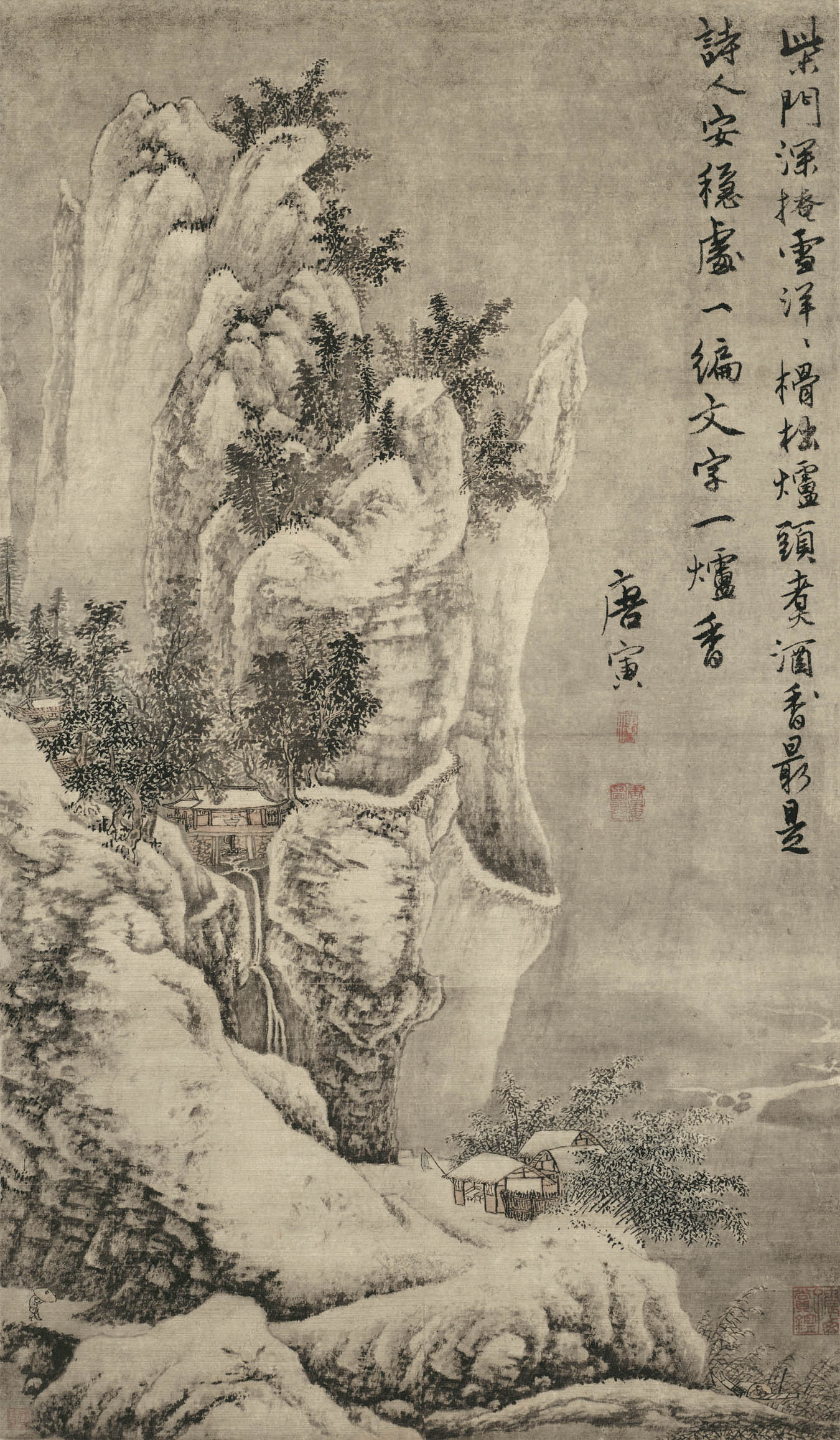 古画复刻 | 清初画圣 唐伯虎《柴门掩雪图》实木带框画50x70cm/35x