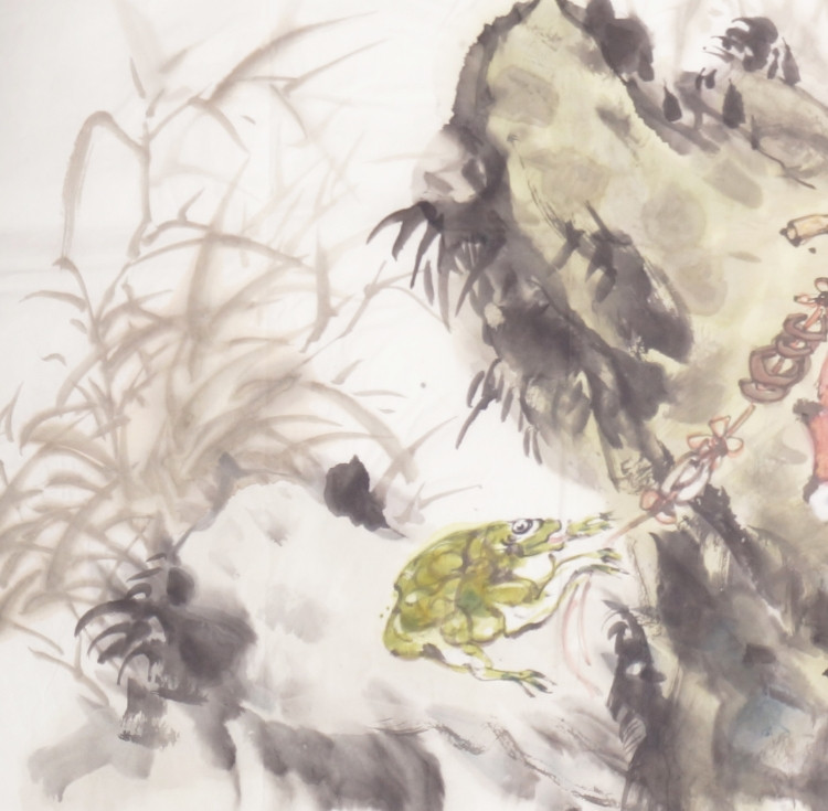 李水云《刘海戏金蟾》中国美术家协会会员/136x68cm/传统水墨