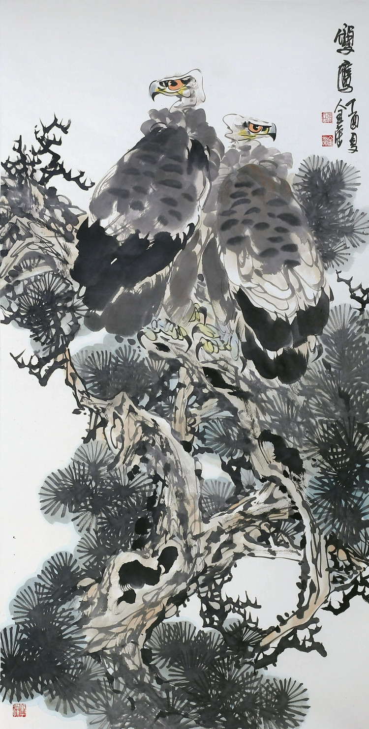 双鹰/68x136cm/传统水墨