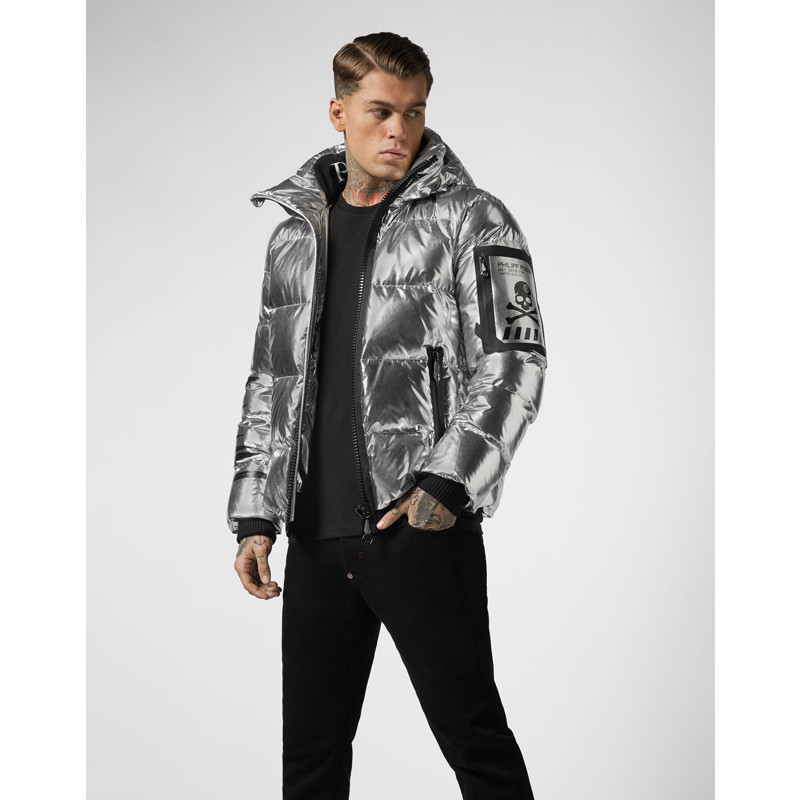 philipp plein/菲利普·普兰【18秋冬】水银色男士羽绒服外套 连帽