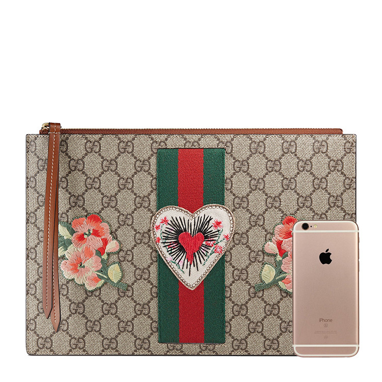 gucci/古驰 花朵和爱心刺绣设计棕色pvc/配皮女士大号手拿包#431416