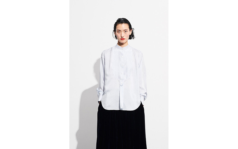 womenwear】msmin/msmin18秋冬细条纹真丝圆领衬衫[女士长袖衬衫]