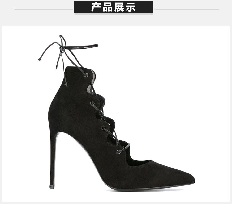 【瑕疵折扣】ysl 圣罗兰 女士黑色绒面皮时尚绑带高跟鞋 鞋后跟 鞋面