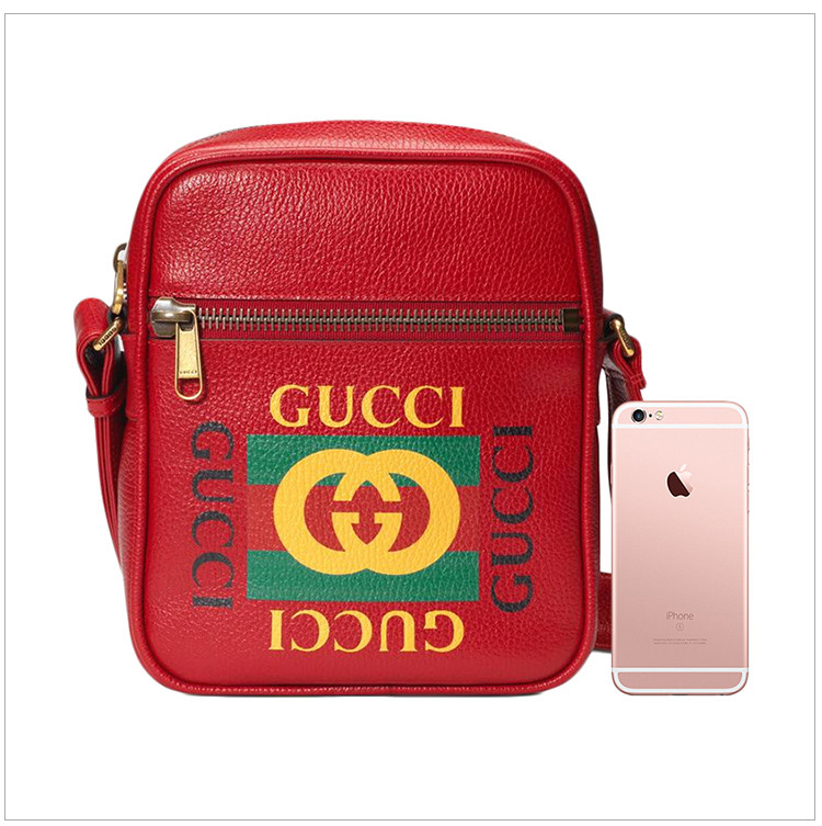 gucci/古驰 男士红色牛皮复古logo印花邮差包单肩斜挎包