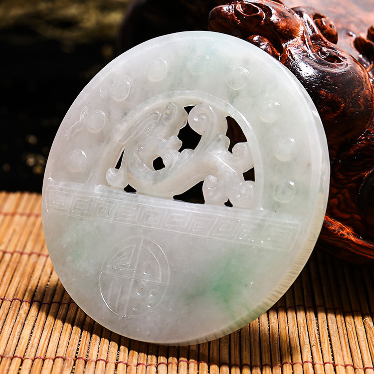 yudaotang/玉道堂 天然翡翠a货瑞兽纹饰圆牌雕件 scc01-3 长*宽*厚约