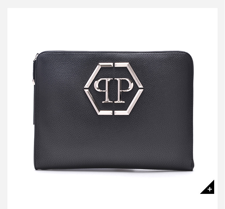 philipp plein/菲利普·普兰男士小牛皮简约logo标志手拿包黑色95132