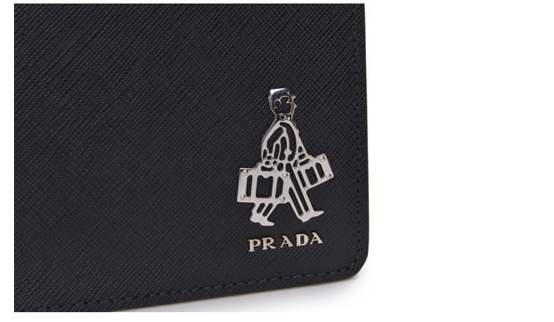 prada/普拉达 男士牛皮时尚商务银色人像logo长款拉链手拿钱包 黑色