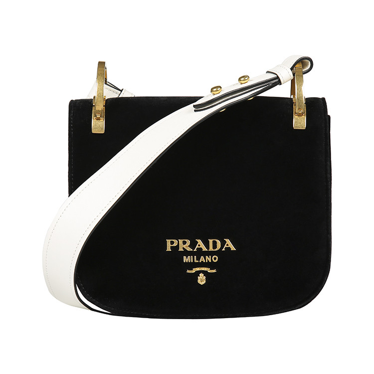 【17春夏新品】prada/普拉达 pionnire 丝绒拼牛皮革马鞍包 女士单肩