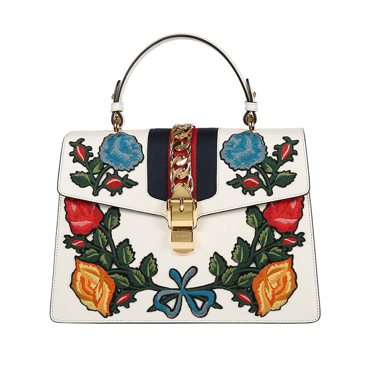 【17春夏新品】gucci/古驰 sylvie花朵贴花刺绣牛皮中号女士手提包