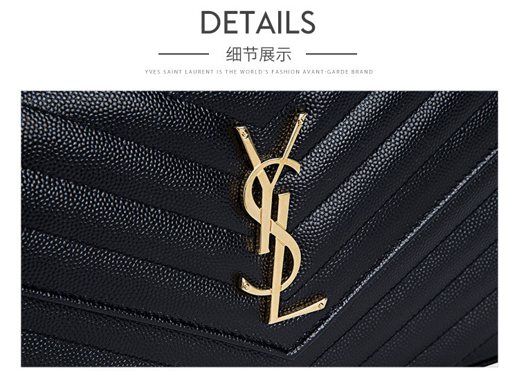 saintlaurentparis/圣罗兰女士黑色牛皮粒纹金色logo链条单肩包377828