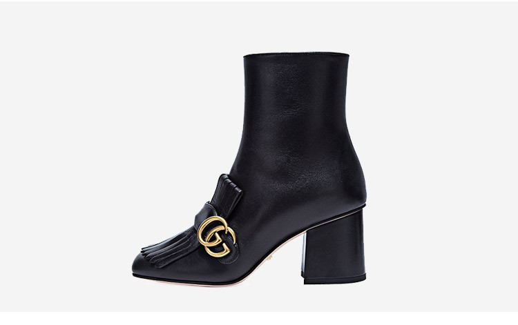 gucci/古驰 女士黑色羊皮女士方头流苏高跟短靴 408210 c9d00 1000