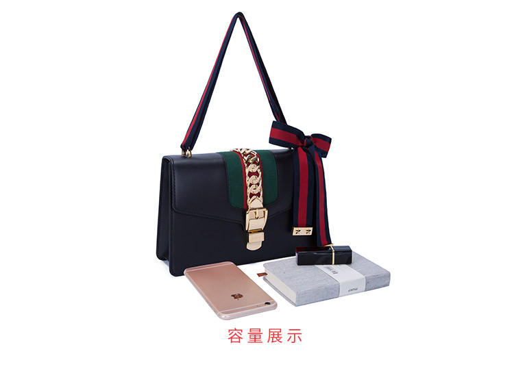 gucci/古驰女士黑色sylvie系列牛皮织带条纹时尚单肩包链条包421882cv