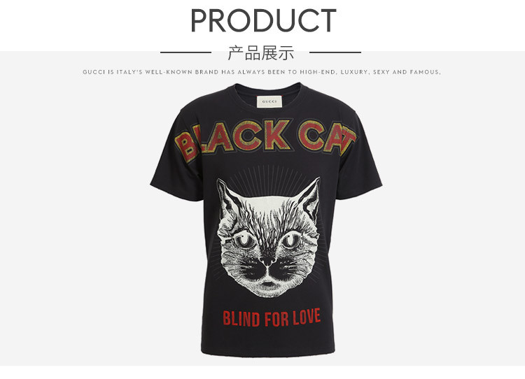 gucci/古驰 黑色棉质猫头休闲男士短袖t恤 493117 x3i29 1286 xl