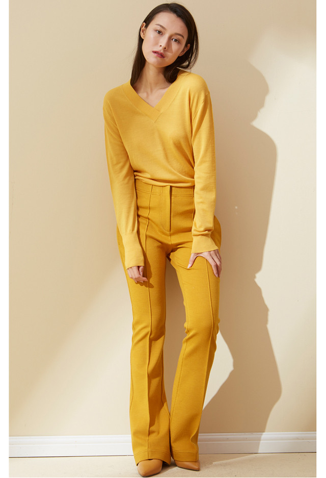 【designerwomenwear】ler/子时2017冬季新品杏黄色高腰喇叭裤女士