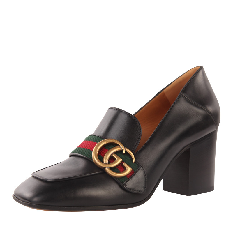 gucci/古驰 黑色双g彩色条带方头方高跟鞋