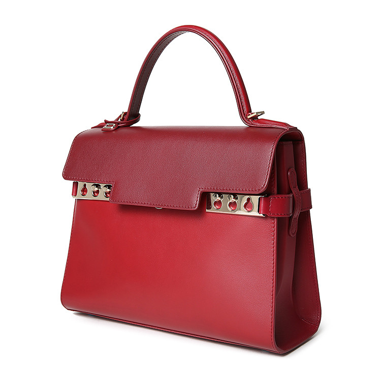 delvaux/delvaux tempete系列 女士酒红拼色牛皮中号手提肩背包/3224