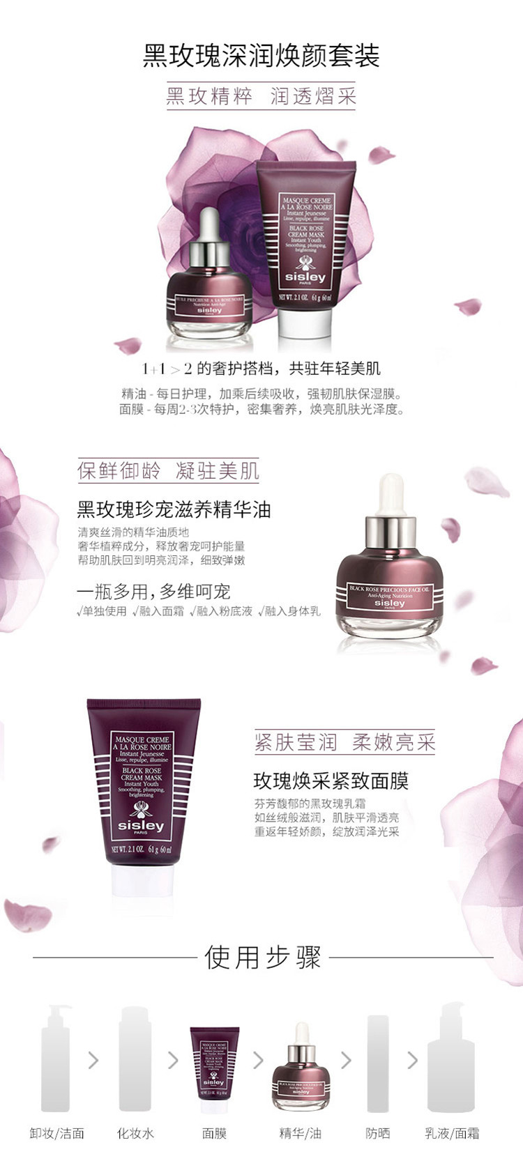 sisley/希思黎 黑玫瑰珍宠滋养精华油25ml 玫瑰焕采紧致面膜60ml