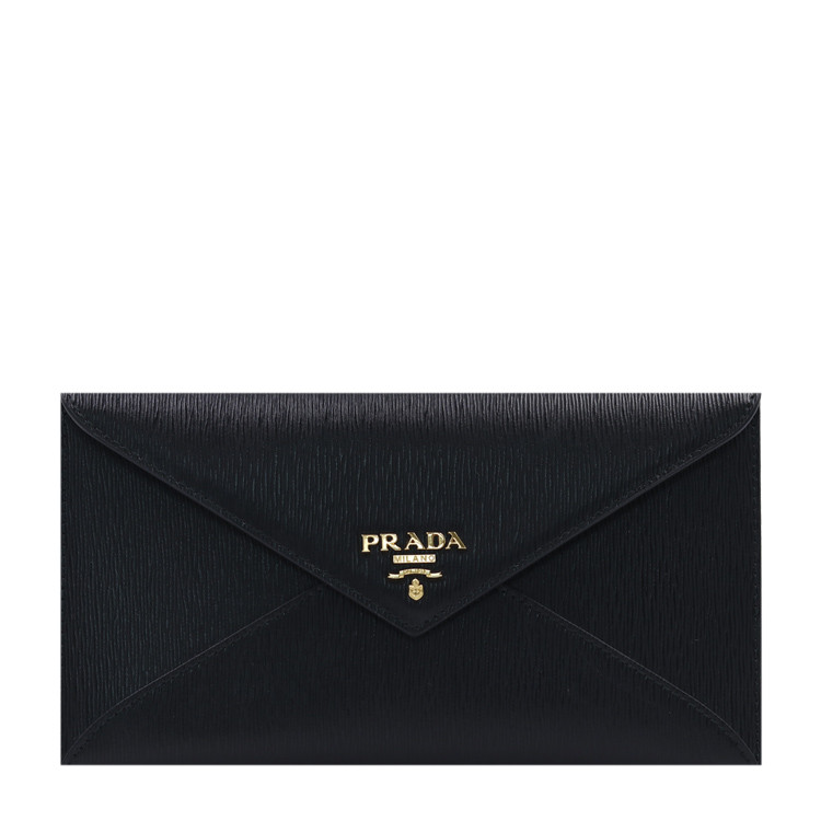 prada/普拉达经典logo款信封包按扣开合黑色牛皮手持式名媛女士手拿包