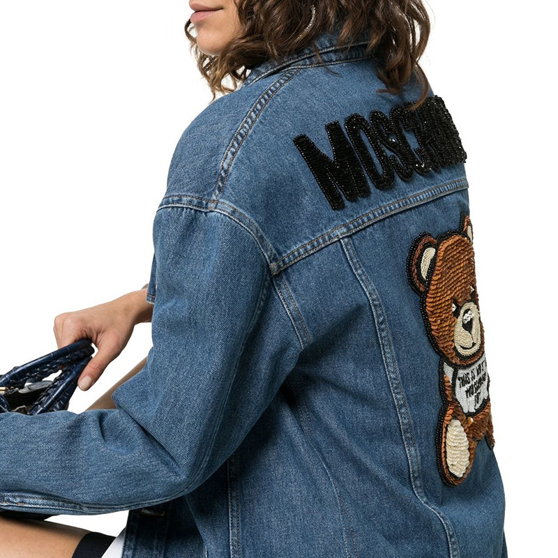 moschino/莫斯奇诺女装 女士后背小熊刺绣蓝色棉质牛仔夹克外套 ev