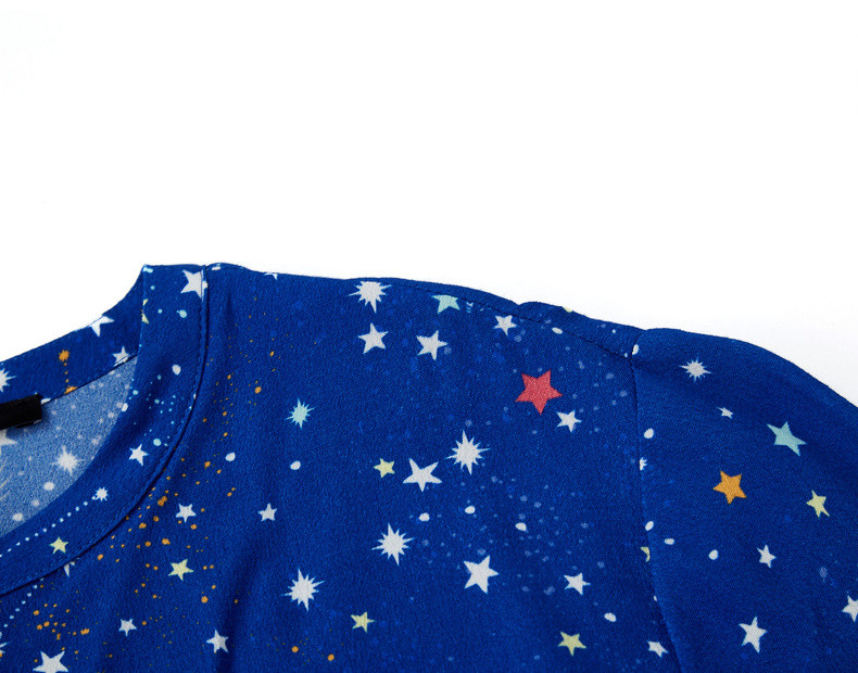 2018秋冬新品服装女士连衣裙桑蚕丝星空印花不对称下摆系带连衣裙