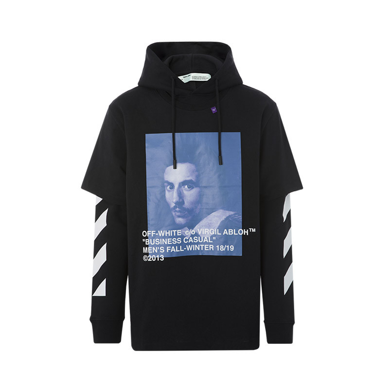 off-white/off-white印花图案&斜条纹装饰纯棉连帽男卫衣