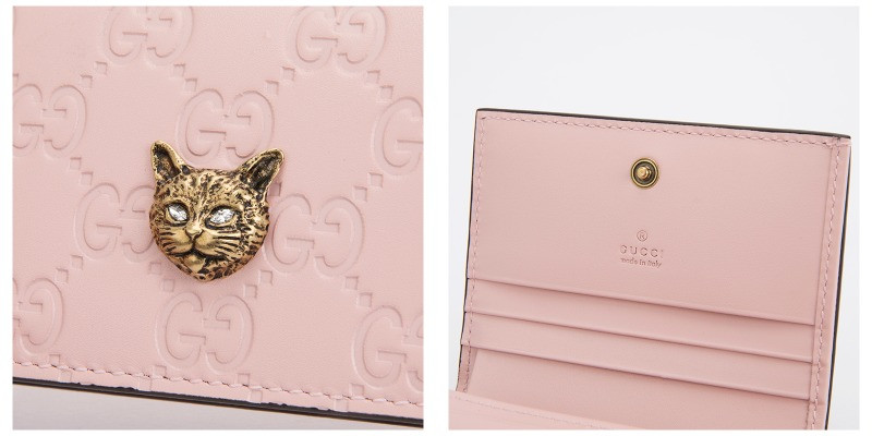【19春夏新款】gucci/古驰猫头装饰双g印花图案设计粉色女士牛皮革