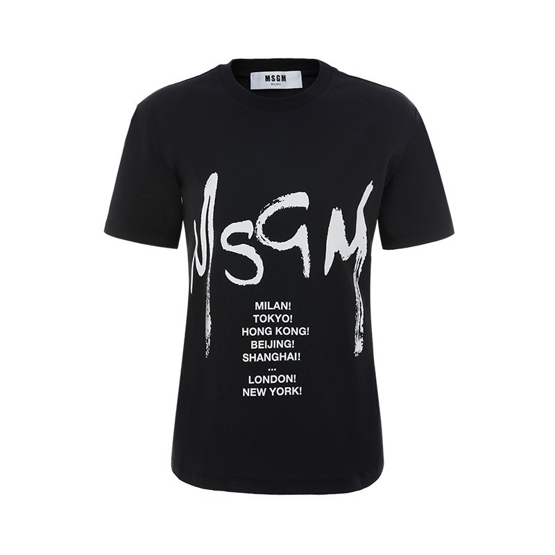 新款】msgm/msgm街头涂鸦字母logo设计图案黑色圆领套头女士短袖t恤