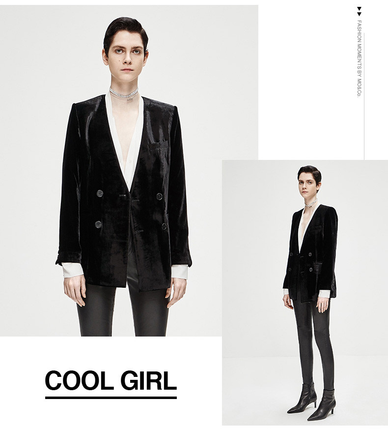 摩安珂女士西服2018冬季新品双排扣v领丝绒西装外套ma184jkt103