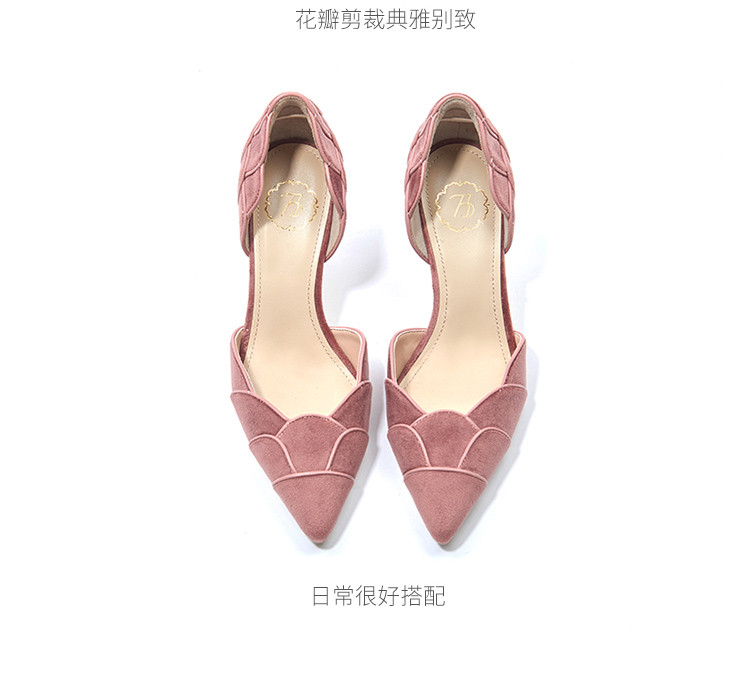 73hours/73hours 蔷薇少女粉色 花瓣丝绒浅口高跟鞋婚鞋单鞋仙女的鞋