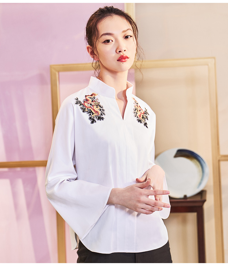 花木深中国风立领绣花白衬衫女士设计感上衣复古风刺绣衬衣女春季