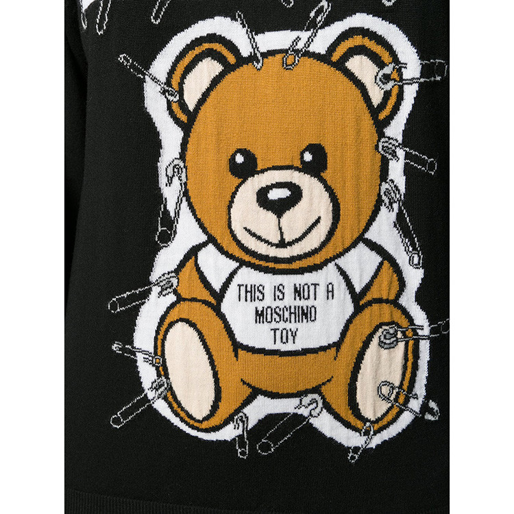 moschino/莫斯奇诺女士黑色泰迪熊别针图案羊毛针织衫小熊毛衣v0919