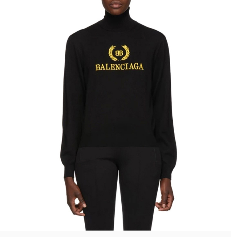 balenciaga/巴黎世家 19春夏 女士黑色纯羊毛logo麦穗标识高领长袖