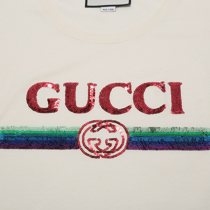 gucci/古驰女士棉质饰亮片gucci标识超大造型圆领短袖t恤492347xjarm