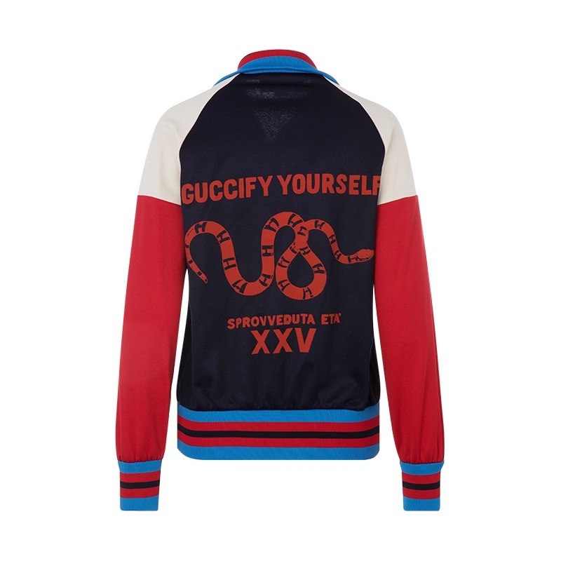 gucci/古驰夸张撞色设计logo蛇纹装饰深蓝色混棉材质女士夹克外套