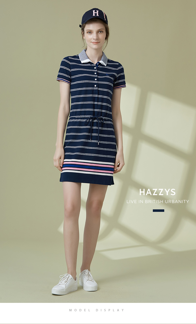 【商场同款】hazzys/哈吉斯 春季新款女装短袖女士连衣裙田园风条纹