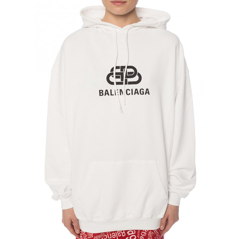 【19秋冬新款】balenciaga/巴黎世家 女士bb logo白色连帽衫卫衣