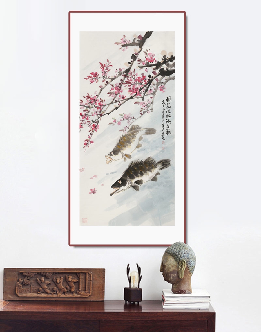 订制 梁景欣 《桃花流水鳜鱼肥》/50x100cm/传统水墨