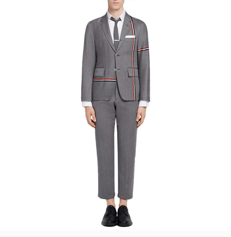 browne/thom browne 19秋冬 男士英伦浅灰色条纹图案休闲西装外套上衣