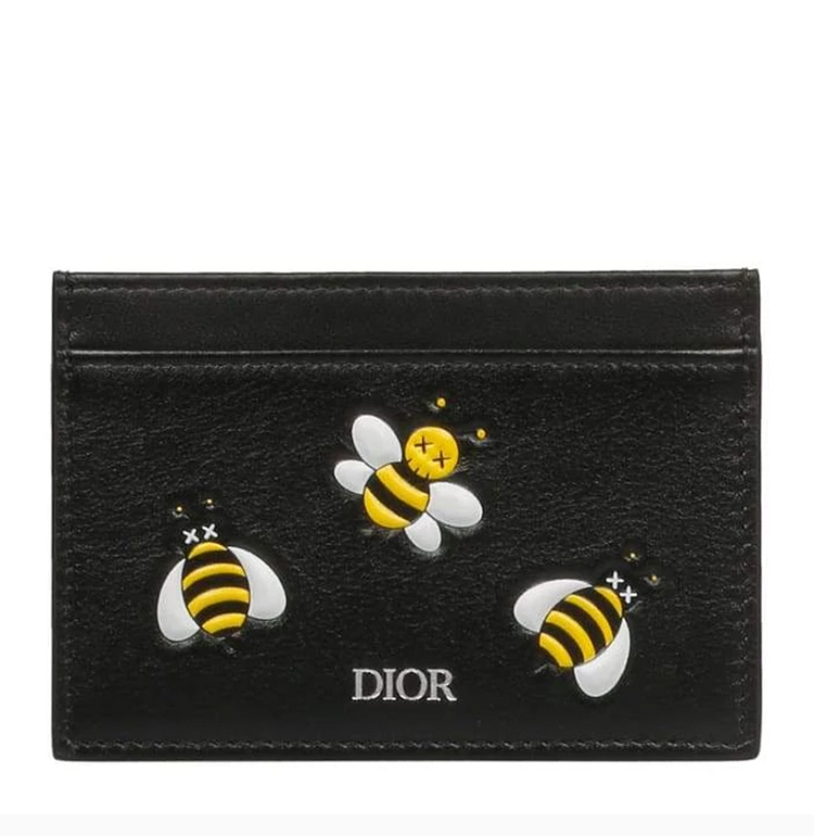 dior迪奥19秋冬diorxkaws限量联名款中性黑色皮质小蜜蜂logo图案卡