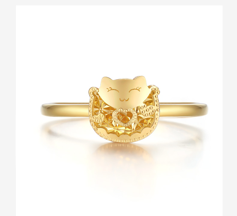 chow tai seng/周大生18k金戒指女款 au750可爱猫咪指环女戒彩金戒指k