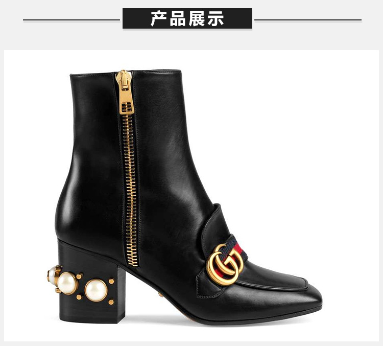 gucci/古驰 女士黑色牛皮玻璃珠gg镶钻中跟短靴踝靴高跟鞋女鞋