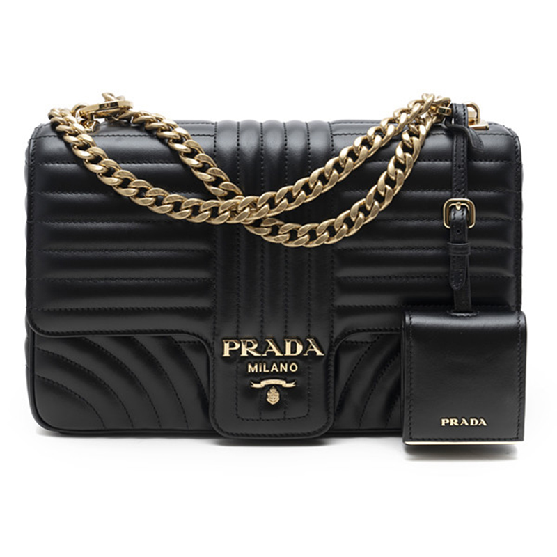 prada/普拉达 单肩包经典款女士中号黑色徽标装饰压纹皮革链条斜挎单