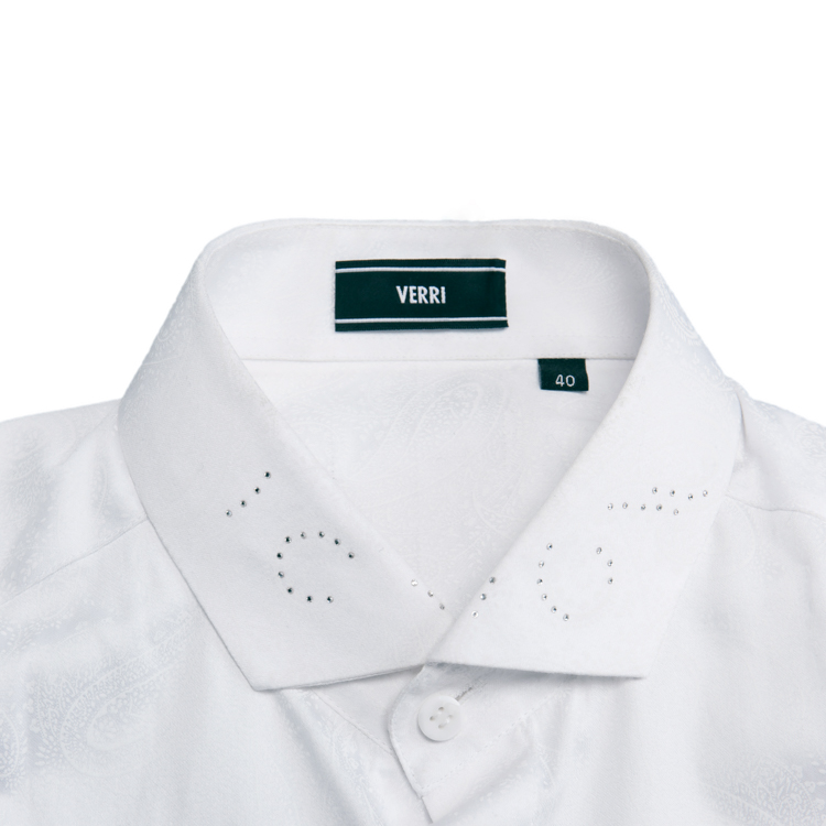 领部及前门襟施华洛世奇水钻点缀的白色长袖衬衫-男士长袖衬衫