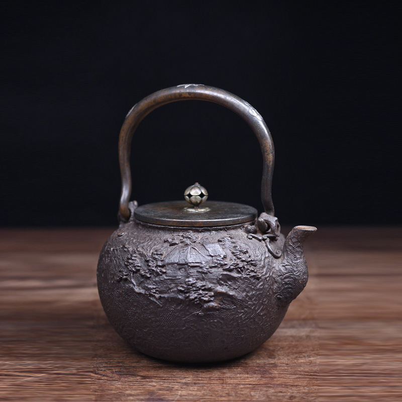 geichie/艺智绘 日本大正时期龟文堂嵌银提梁铁壶茶壶摆件装饰品