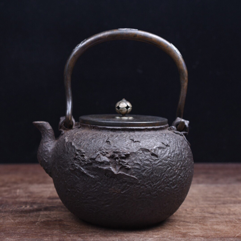 geichie/艺智绘 日本大正时期龟文堂嵌银提梁铁壶茶壶摆件装饰品