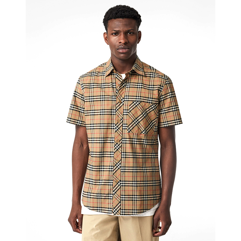 burberry/博柏利 男装衬衫19秋冬新款男士大码典藏米色小格纹弹力棉尖