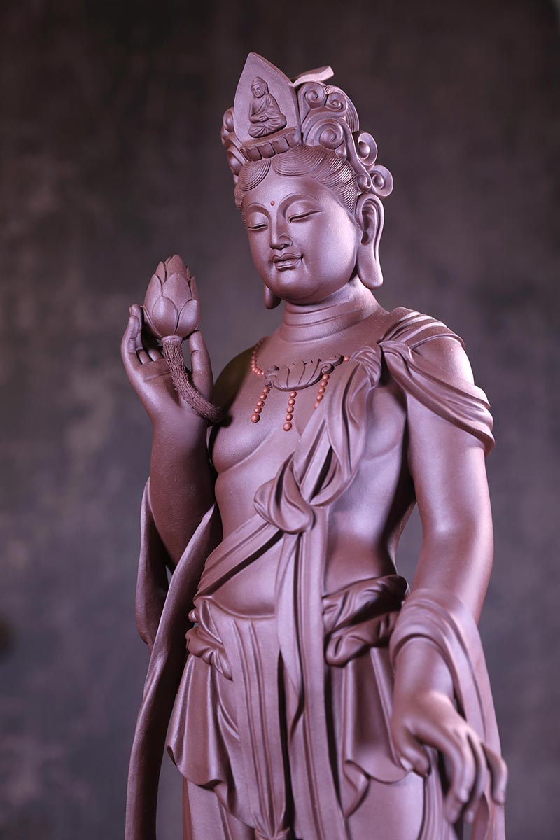 宜兴紫砂雕塑人物摆件 茶宠佛像 精品雕塑 曹少杰 持莲观音