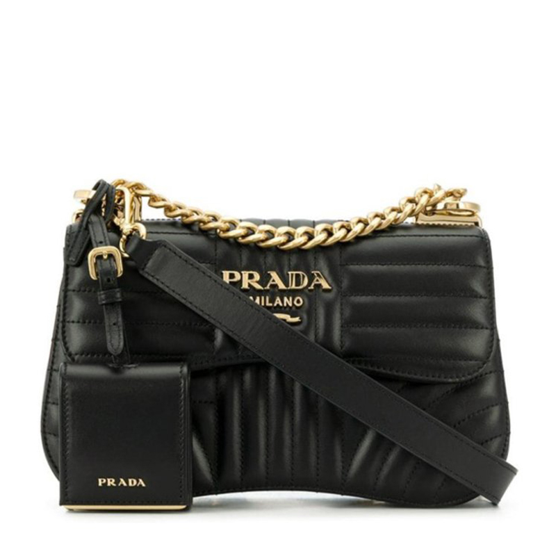 prada/普拉达 女包女士黑色小牛皮 金属logo标识 翻盖单肩斜挎包 1bd