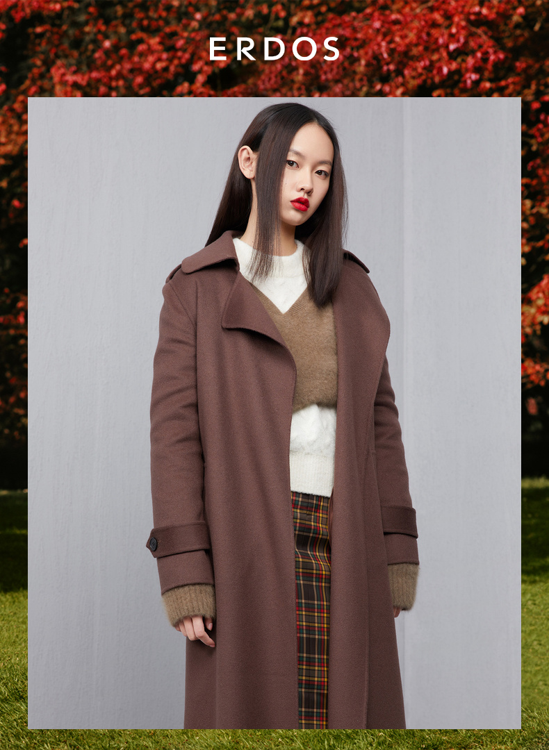 erdos/鄂尔多斯 19秋冬新品 长款绑带时尚休闲纯羊绒外套女士大衣