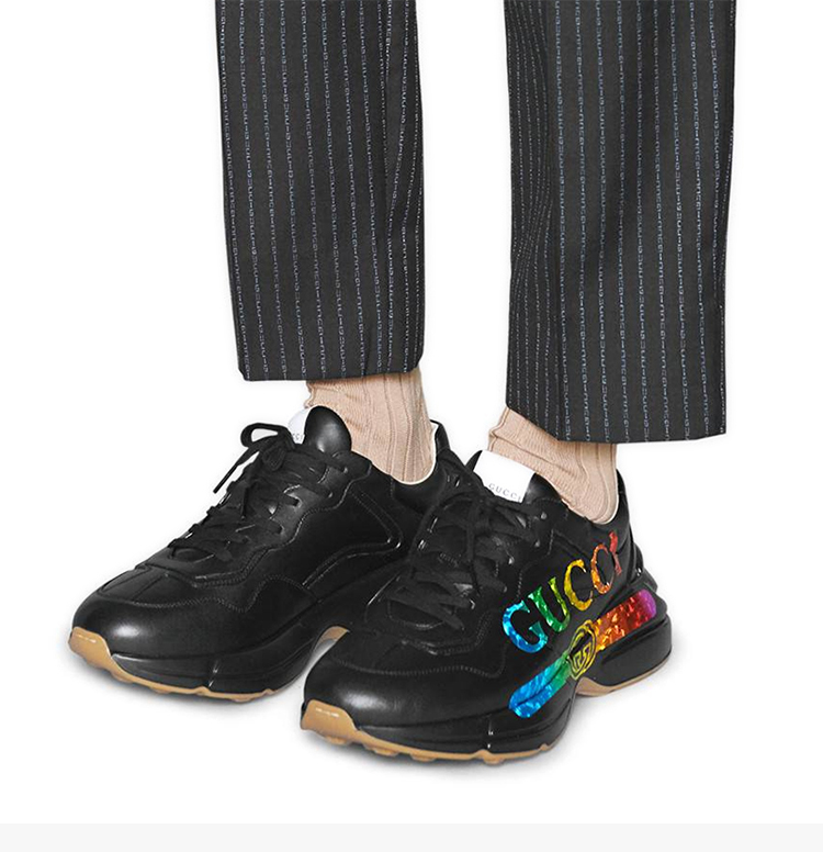 【包邮包税】gucci/古驰 rhyton系列 男士黑色饰gucci标识皮革运动鞋